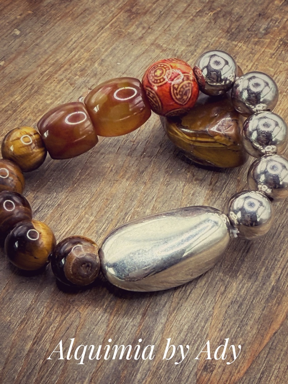 Brutalist . Tiger’s eye Brown and Red Bead Bracelet with Silver Accents